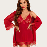 3 Piece Sets Mesh Robe with Lace Dress