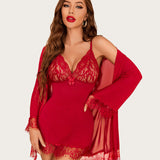3 Piece Sets Mesh Robe with Lace Dress