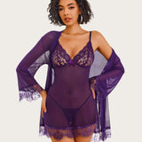 3 Piece Sets Mesh Robe with Lace Dress