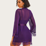 3 Piece Sets Mesh Robe with Lace Dress