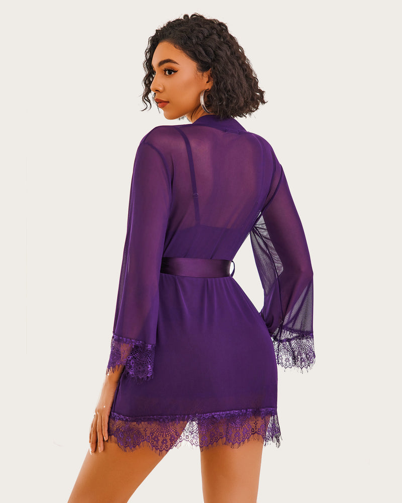 3 Piece Sets Mesh Robe with Lace Dress