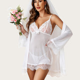 3 Piece Sets Mesh Robe with Lace Dress