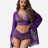 3 Piece Lace Kimono Robe with Bra and Panty