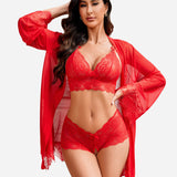 3 Piece Lace Kimono Robe with Bra and Panty