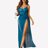 Mesh Floral Slit Pleated Dress with Underwire
