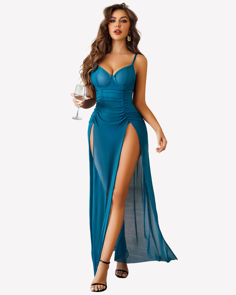 Mesh Floral Slit Pleated Dress with Underwire