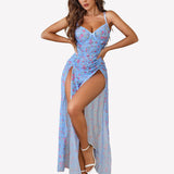 Mesh Floral Slit Pleated Dress with Underwire