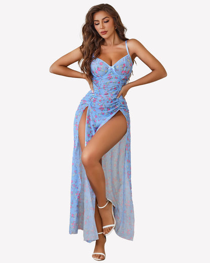 Mesh Floral Slit Pleated Dress with Underwire