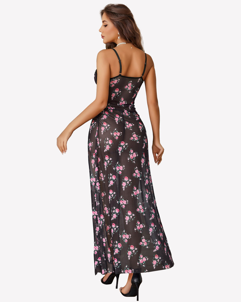 Mesh Floral Slit Pleated Dress with Underwire
