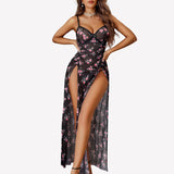 Mesh Floral Slit Pleated Dress with Underwire