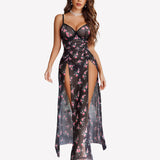 Mesh Floral Slit Pleated Dress with Underwire