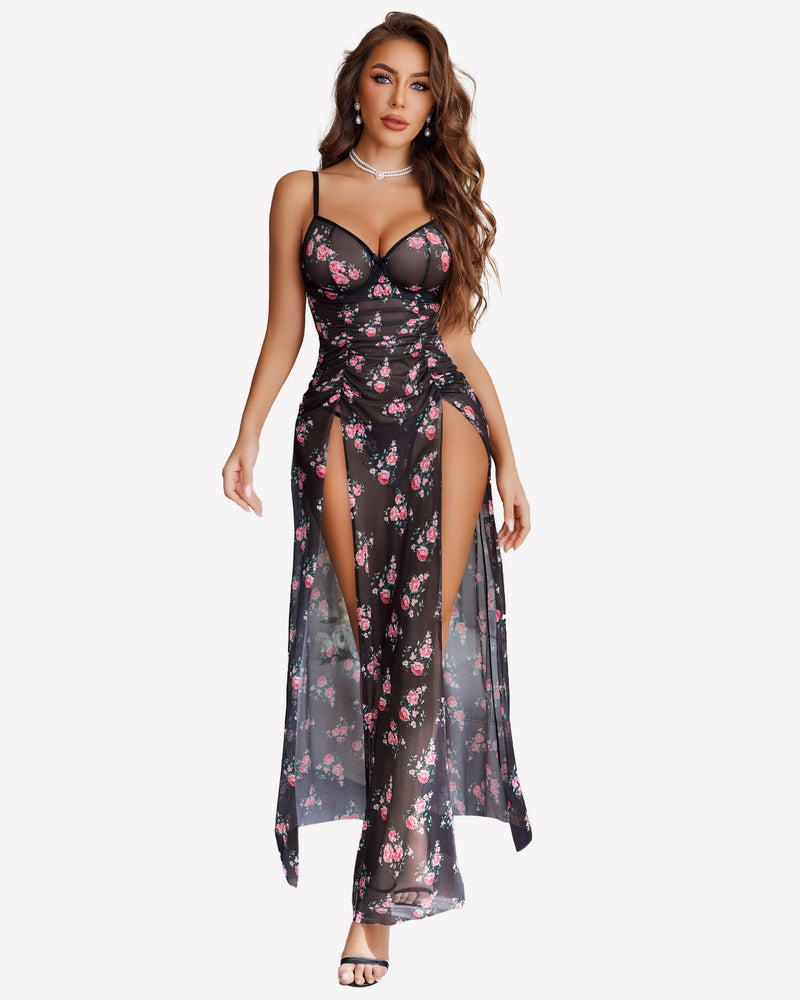 Mesh Floral Slit Pleated Dress with Underwire