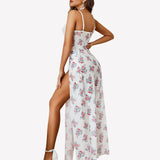 Mesh Floral Slit Pleated Dress with Underwire