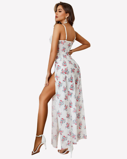 Mesh Floral Slit Pleated Dress with Underwire