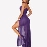 Mesh Floral Slit Pleated Dress with Underwire