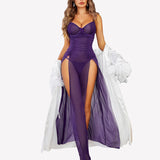 Mesh Floral Slit Pleated Dress with Underwire