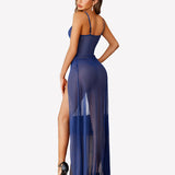 Mesh Floral Slit Pleated Dress with Underwire