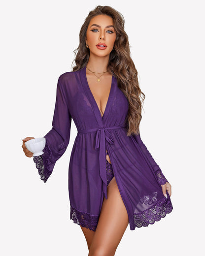 2 Piece Set Lace Teddy with Mesh Robe