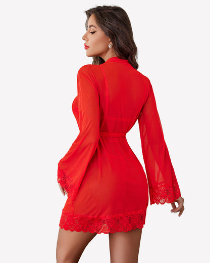 2 Piece Set Lace Teddy with Mesh Robe