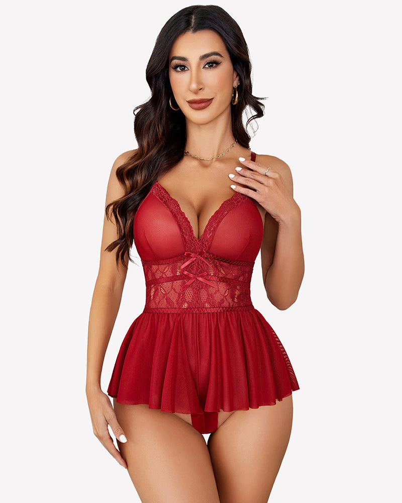 Lace Bodysuit V Neck Mesh Sleepwear
