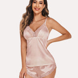 Satin Pajamas Set Lace Cami Shorts Set