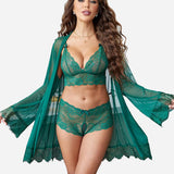 3 Piece Lace Kimono Robe with Bra and Panty