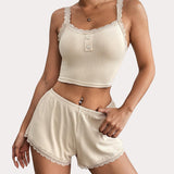 Lace Trim Pajamas Set Ribbed Shorts Pjs Sets