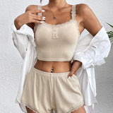 Lace Trim Pajamas Set Ribbed Shorts Pjs Sets