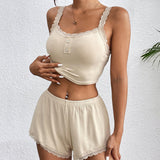 Lace Trim Pajamas Set Ribbed Shorts Pjs Sets
