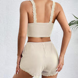 Lace Trim Pajamas Set Ribbed Shorts Pjs Sets