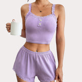 Lace Trim Pajamas Set Ribbed Shorts Pjs Sets