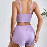 Lace Trim Pajamas Set Ribbed Shorts Pjs Sets