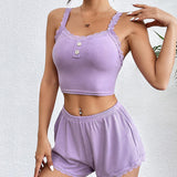Lace Trim Pajamas Set Ribbed Shorts Pjs Sets