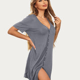 Button Down Short Sleeve V Neck Night Shirt