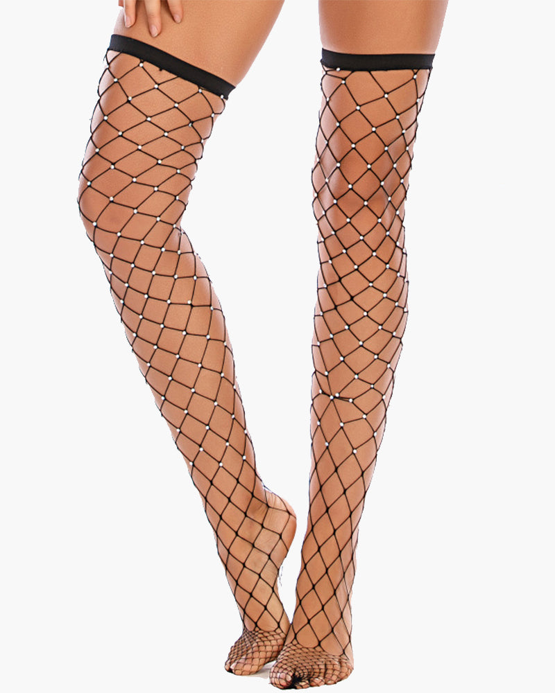 Rhinestone Fishnet Knee High Stockings