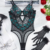 Embroidered Polka Dot Mesh Hollow Bodysuit with Gloves