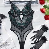 Embroidered Polka Dot Mesh Hollow Bodysuit with Gloves
