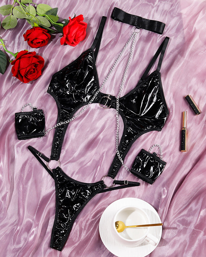 PU Hollow Chain Bodysuit