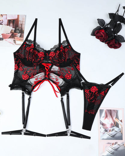 Flower Embroidered Cross-Strap Set