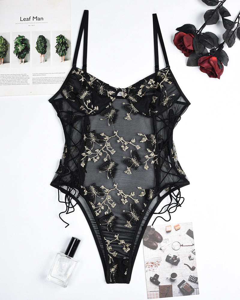 Butterfly Embroidered Lace Bodysuit
