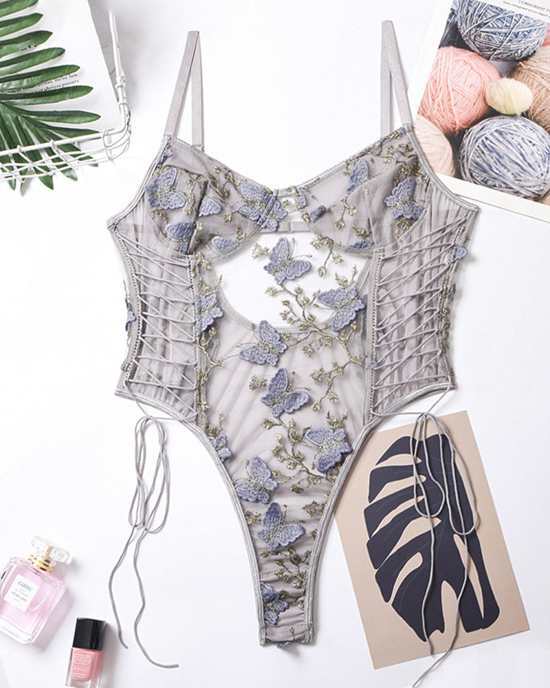 Butterfly Embroidered Lace Bodysuit
