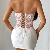 Floral Printed Lace-Up Strapless Tube Top