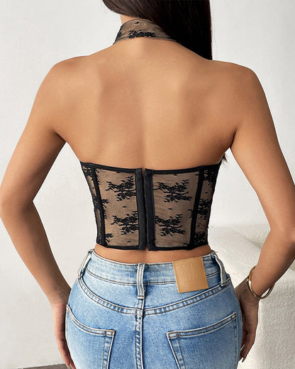 Lace Bead Cut Out Backless Bustier