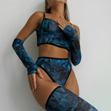 Watercolor Mesh Lingerie Set with Gloves and Hold-Ups