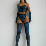Watercolor Mesh Lingerie Set with Gloves and Hold-Ups