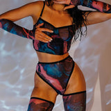 Watercolor Mesh Lingerie Set with Gloves and Hold-Ups