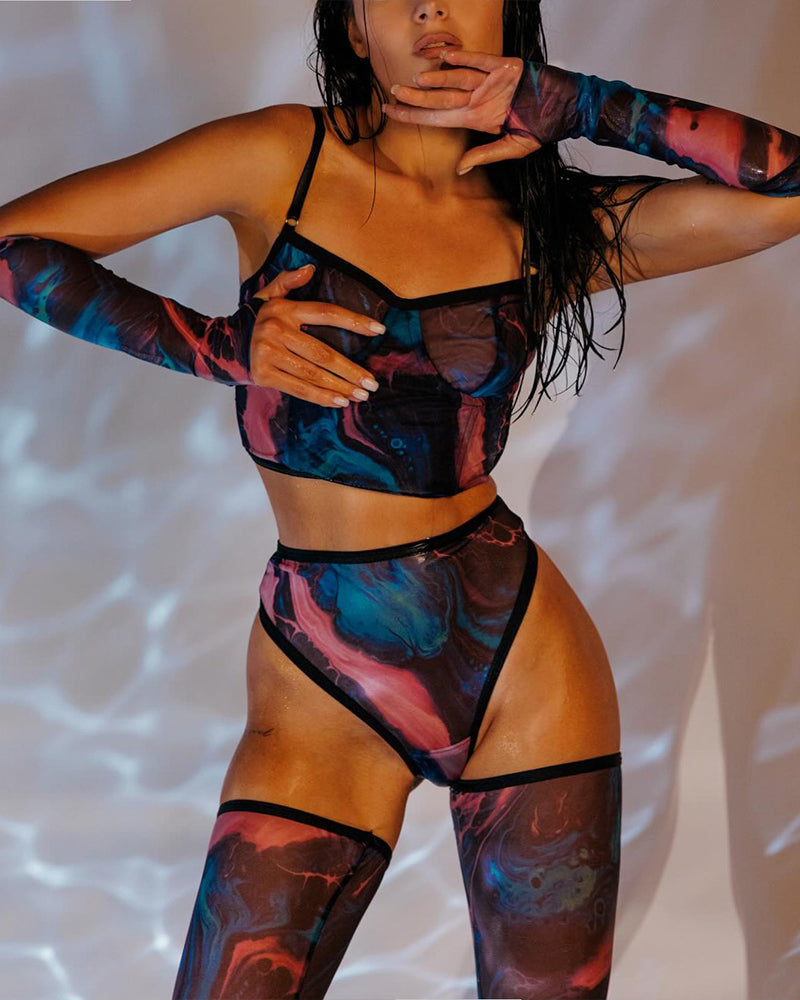 Watercolor Mesh Lingerie Set with Gloves and Hold-Ups