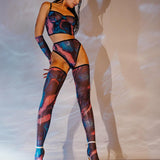 Watercolor Mesh Lingerie Set with Gloves and Hold-Ups