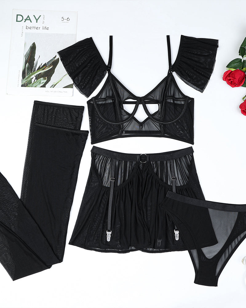 Heart Cut Out Bra Lingerie Set with Stockings