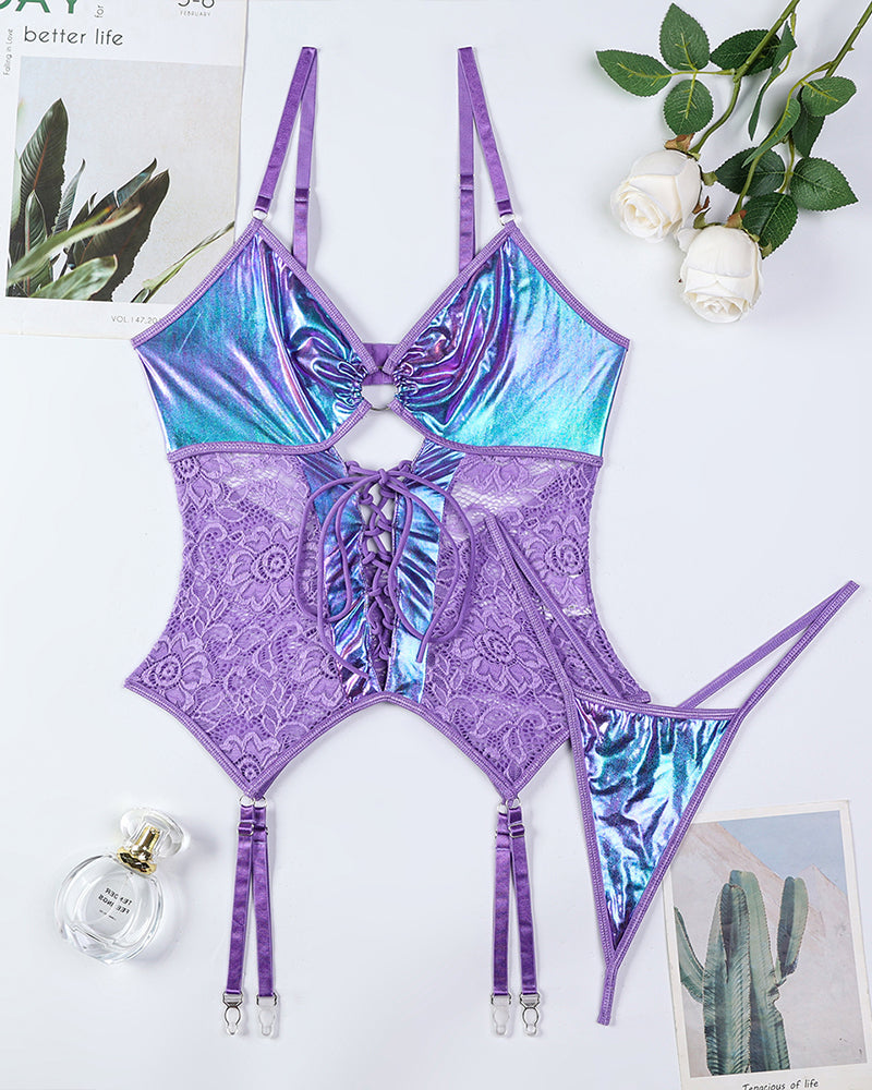 Flash Gradient Laser Cross Tie Waist Lingerie Sets